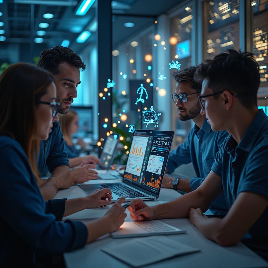 Team diversificato che lavora su algoritmi etici con visualizzazioni di dati