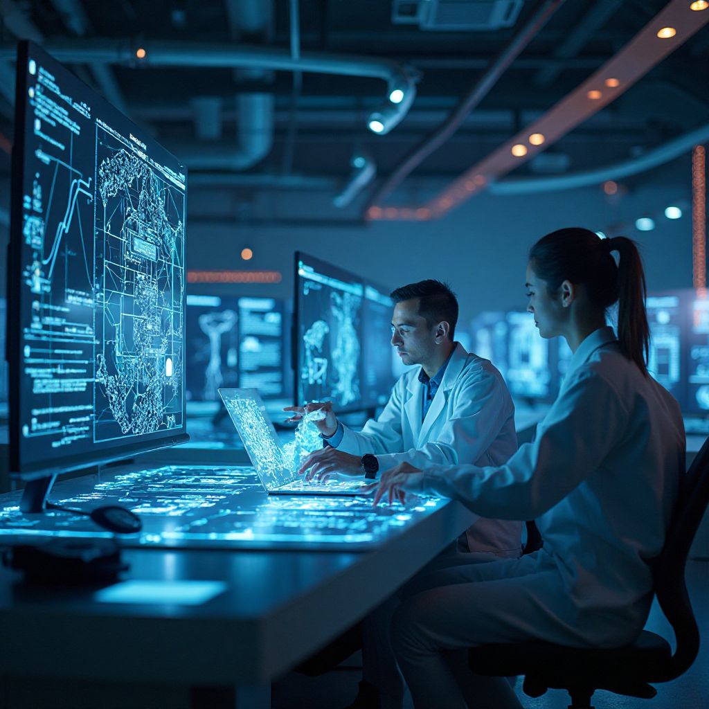 Laboratorio di ricerca IA con scienziati e visualizzazioni olografiche